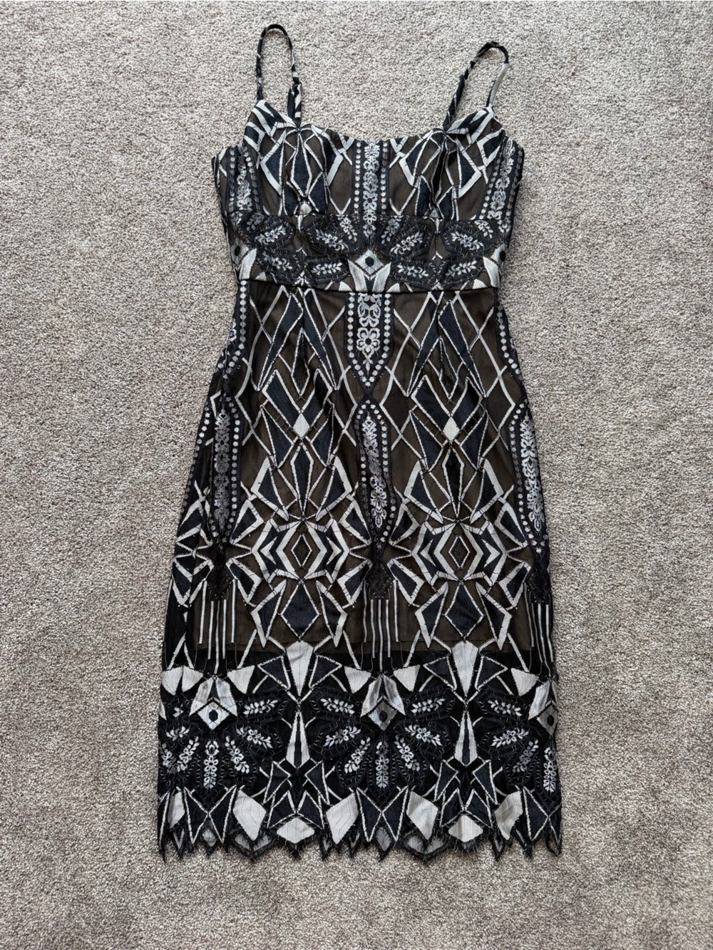 BCBGMaxAzria Black and Silver Metallic Geometric Lace Midi Dress - Picture 5 of 15